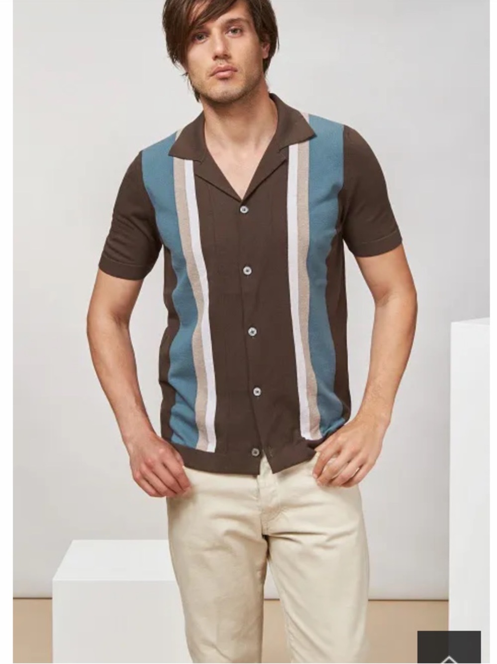 Gran Sasso Fresh Cotton  Short Sleeve Button Down Knit Shirt Strips Brown Blue L
